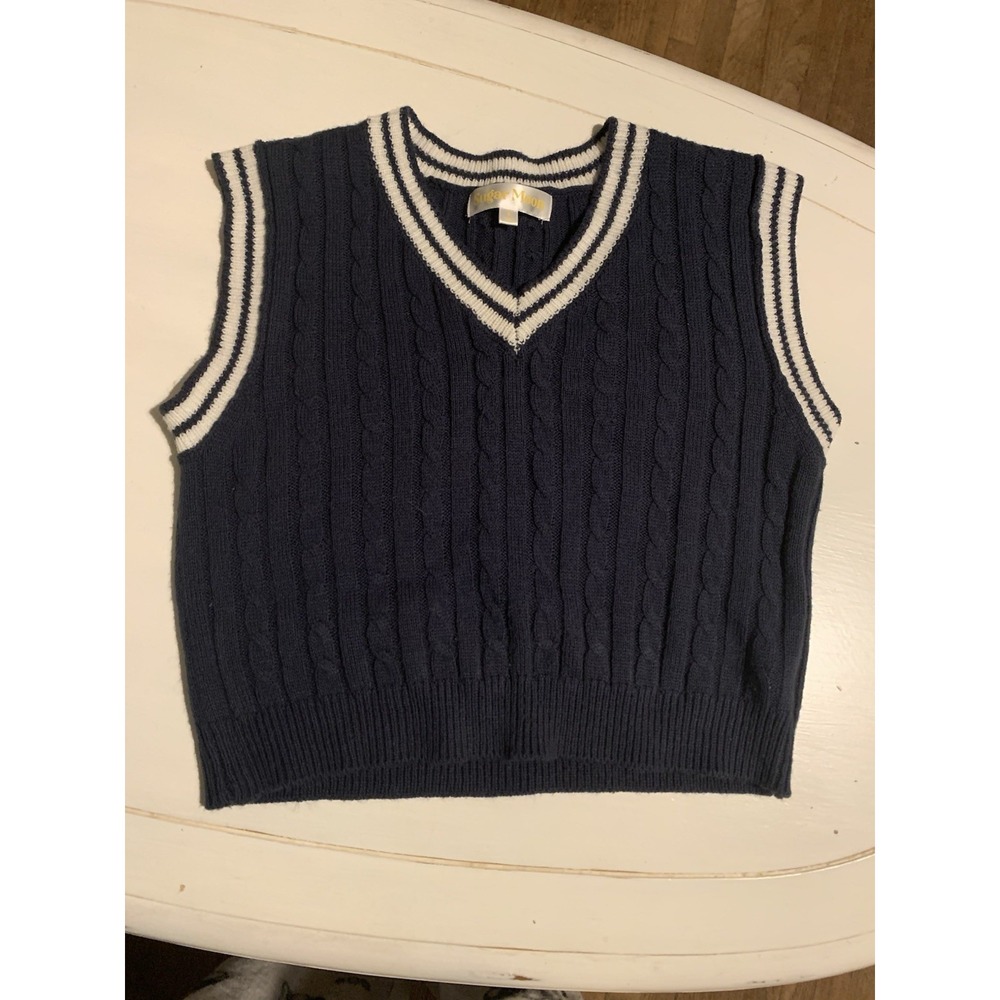 Sugar Moon‎ Women Junior's Blue Cable-Knit Academia Sleeveless Sweater Size Sm